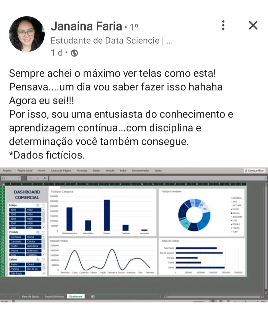 Depoimento de aluna mostrando dashboard criado no Excel.