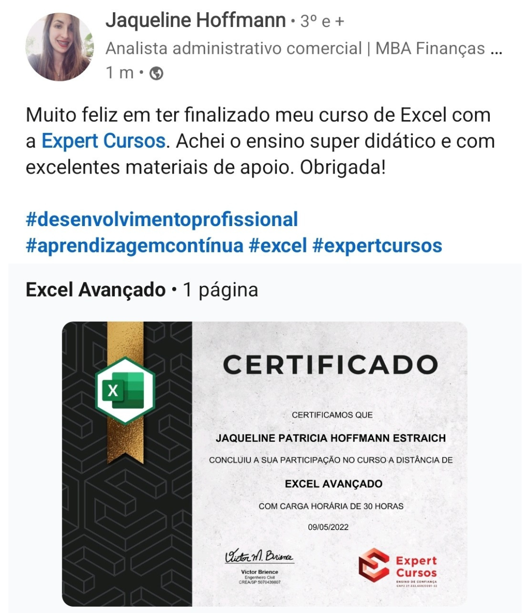 Depoimento de aluna sobre conclusão do curso de Excel e certificado.