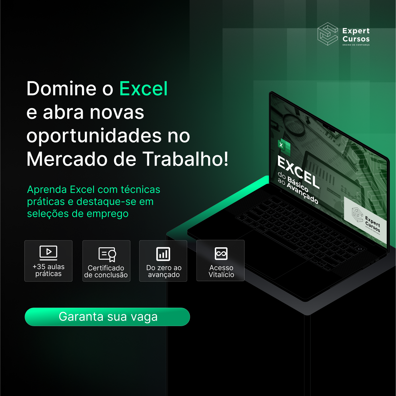 Curso de Excel exibido em um notebook.