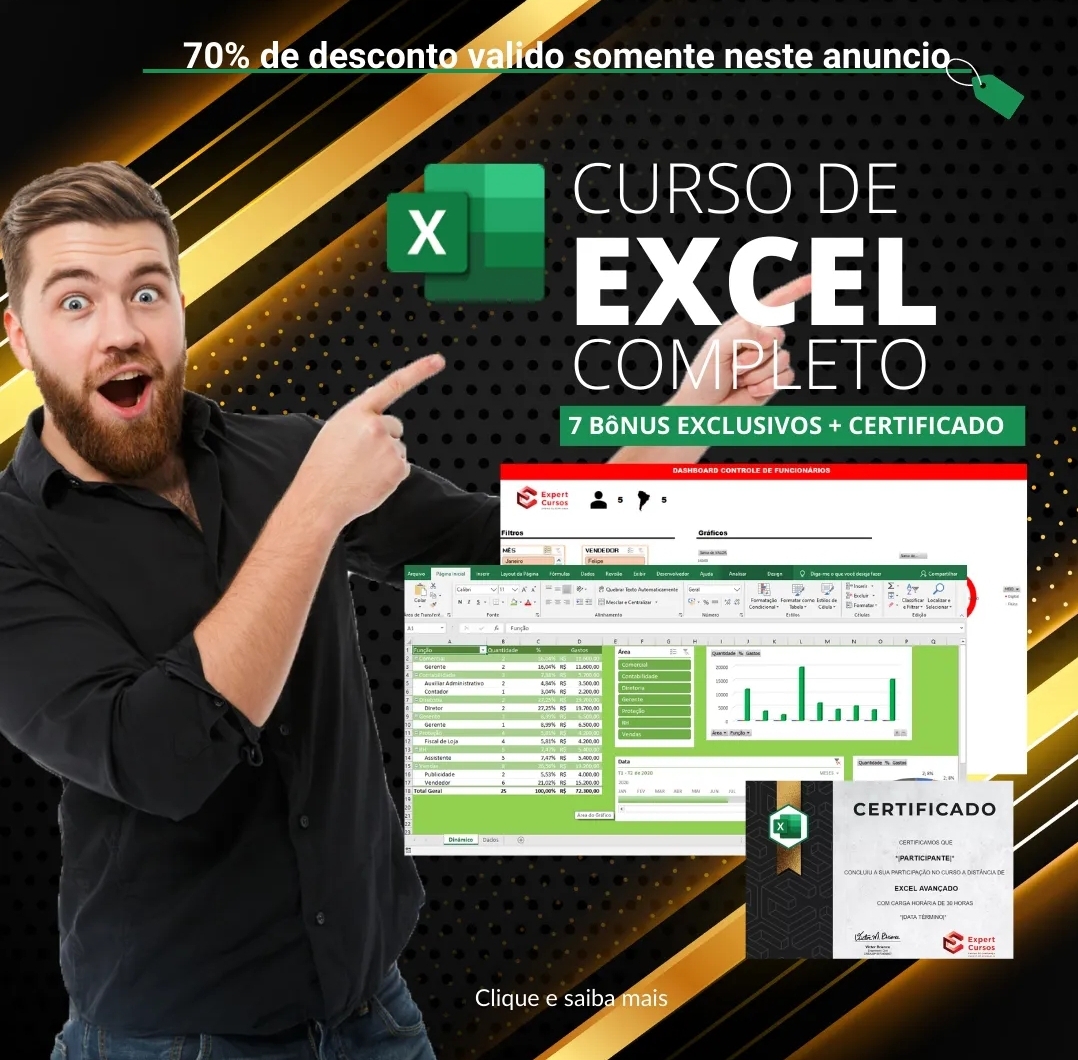 Material promocional do curso de Excel da Expert Cursos.